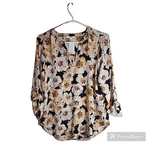 Maurices Black & Beige Floral Blouse Women's Medium Long Sleeve V-Neck